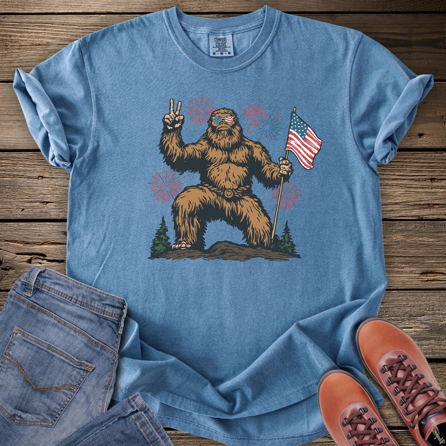 Bigfoot Holding American Flag T-Shirt