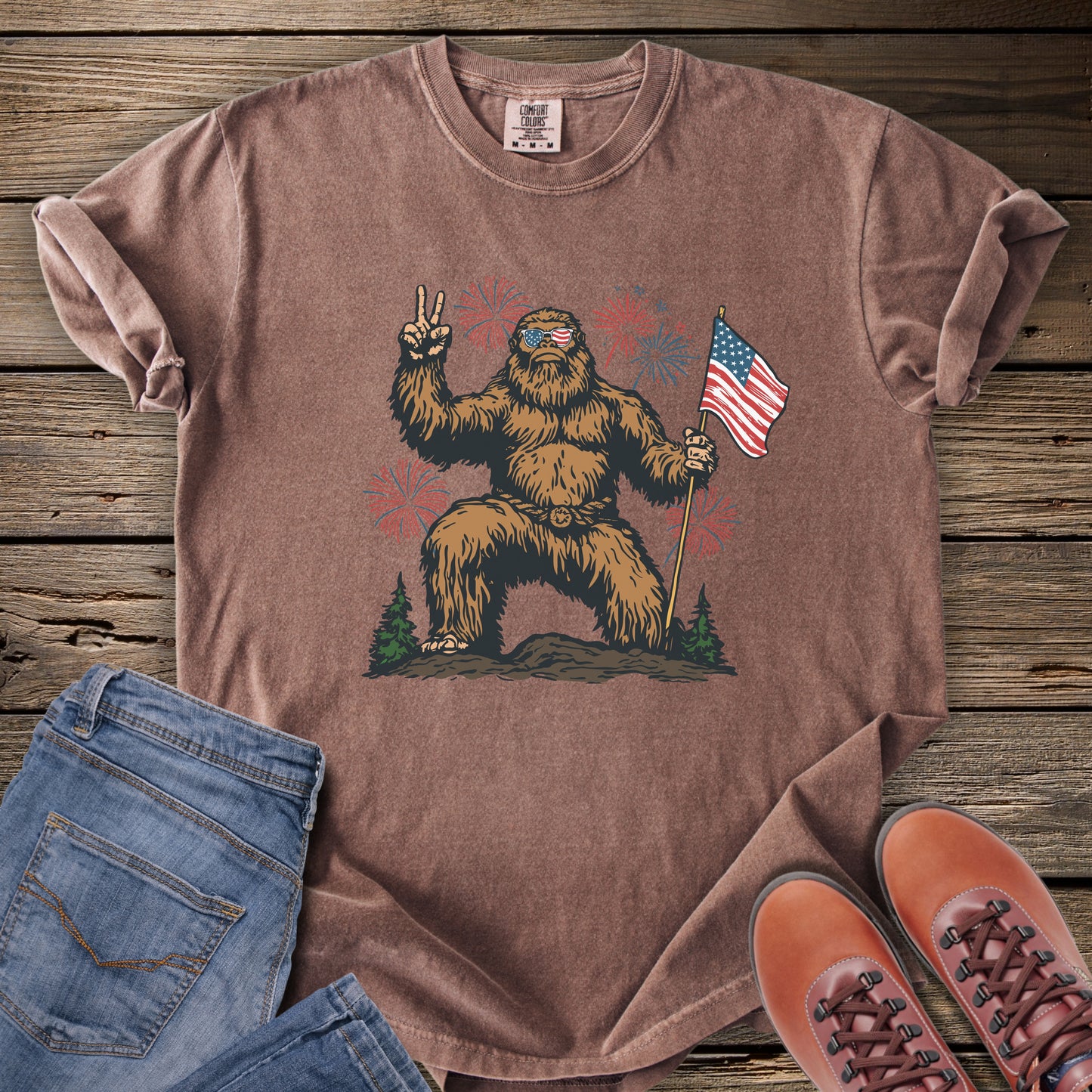 Bigfoot Holding American Flag T-Shirt
