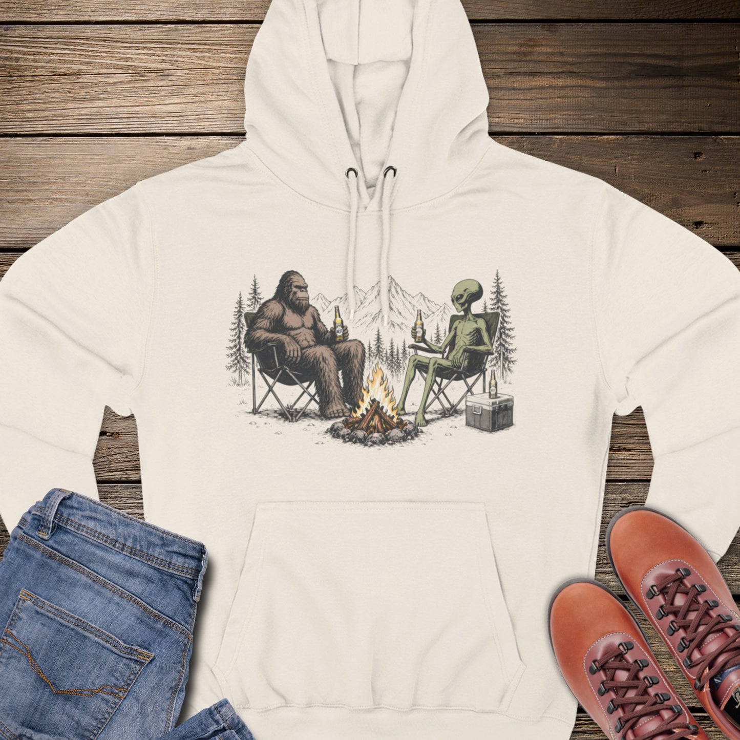 Bigfoot & Alien Campfire Premium Hoodie