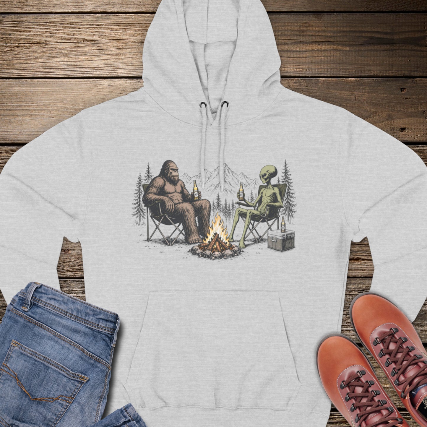Bigfoot & Alien Campfire Premium Hoodie