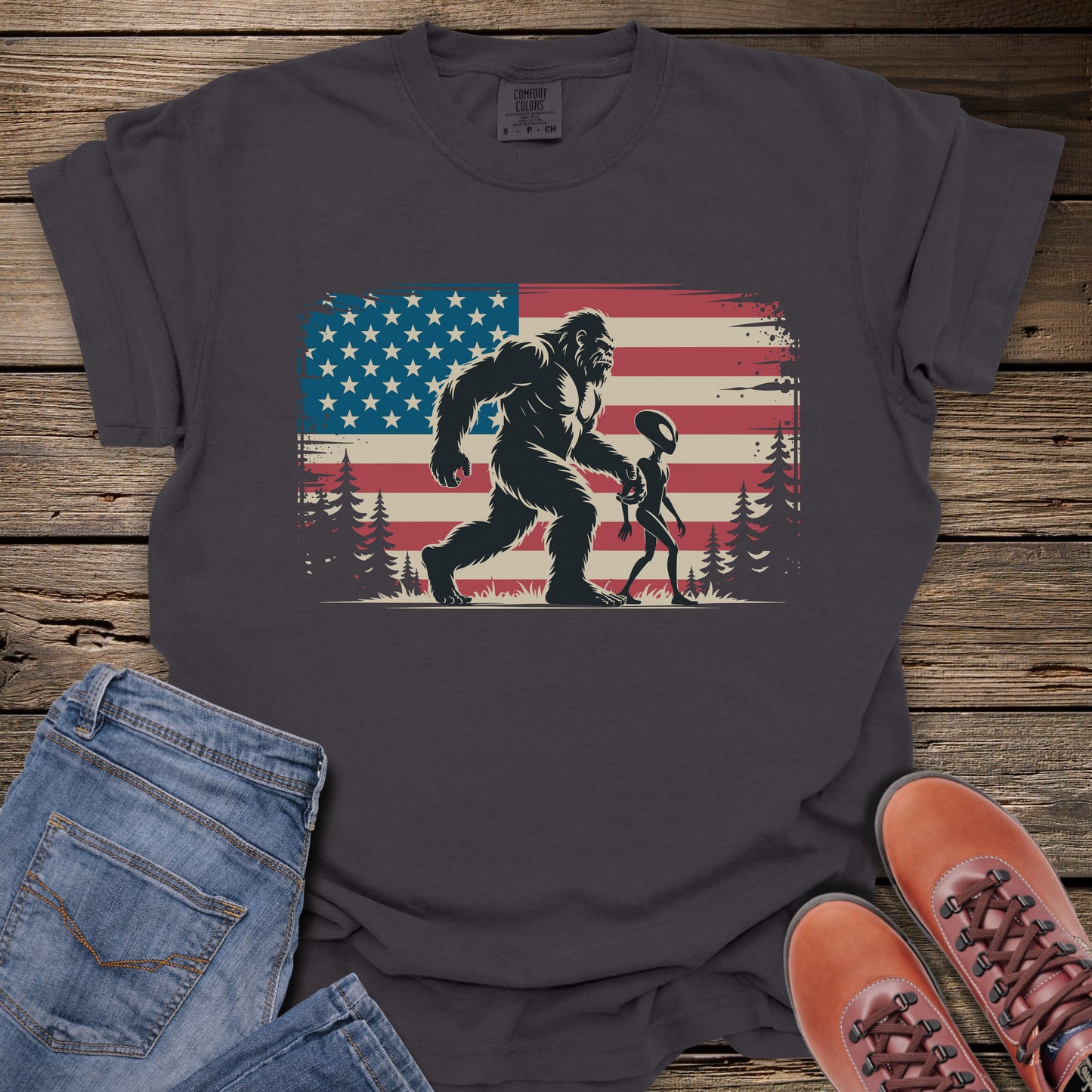 Bigfoot & Alien American Flag T-Shirt