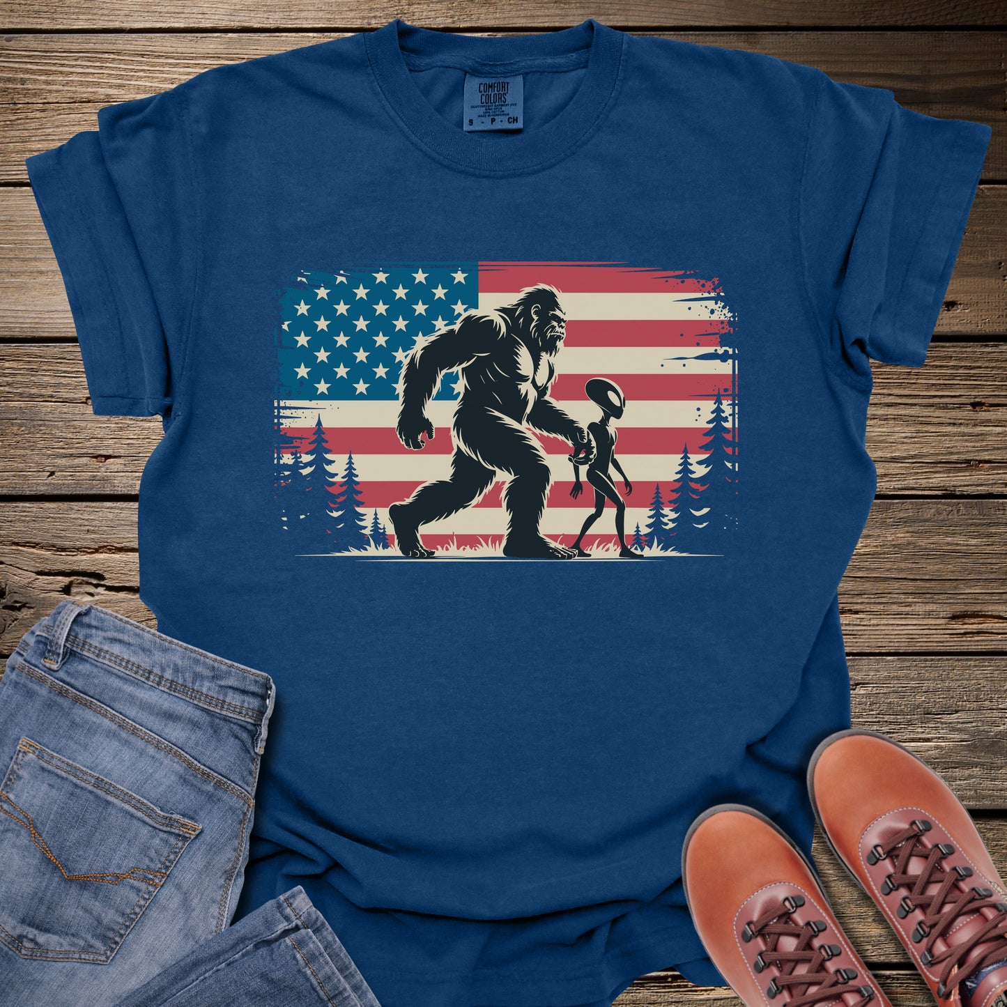 Bigfoot & Alien American Flag T-Shirt