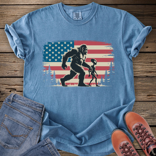 Bigfoot & Alien American Flag T-Shirt