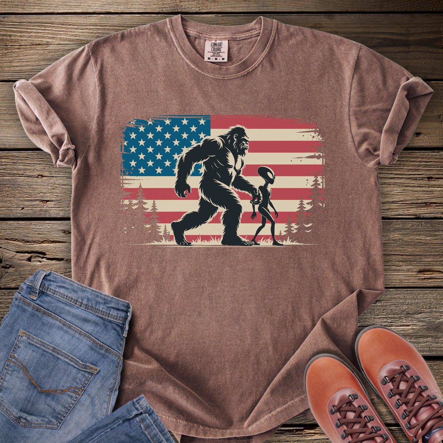Bigfoot & Alien American Flag T-Shirt