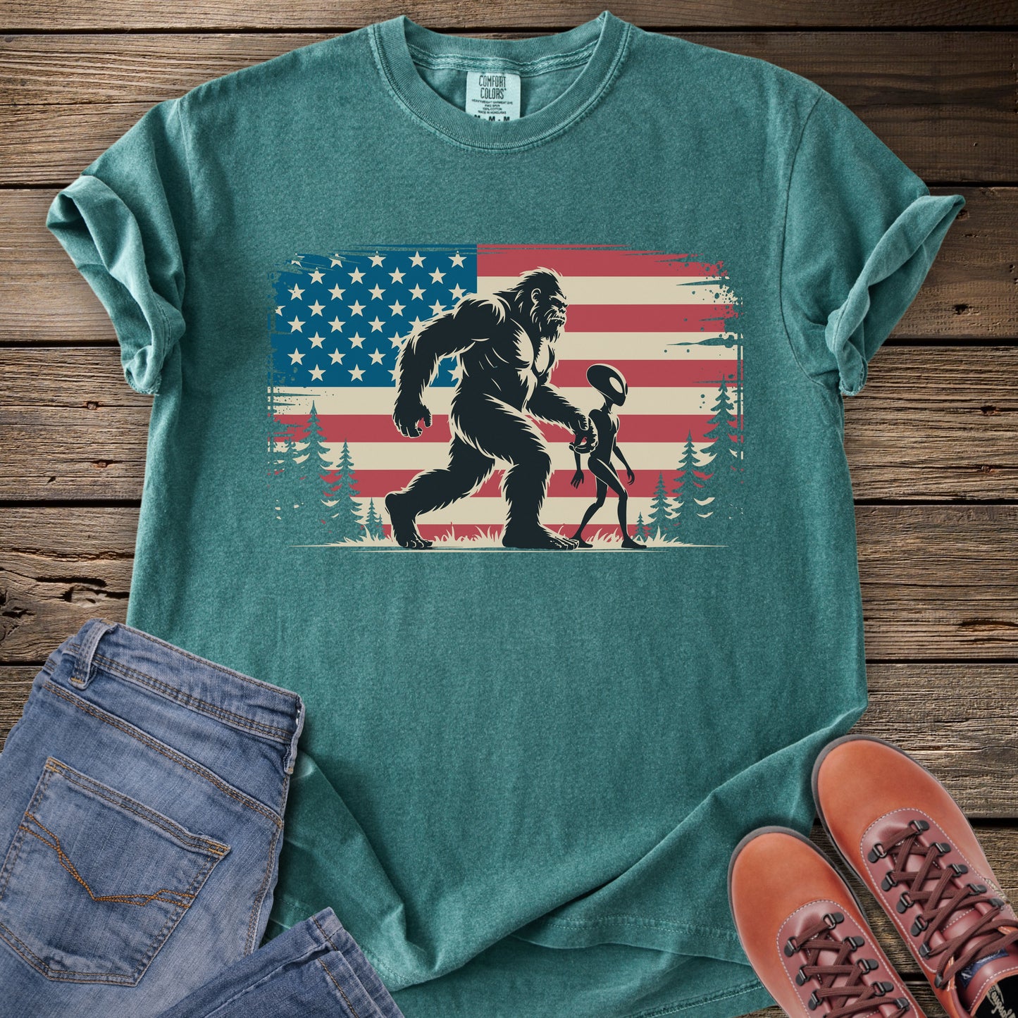 Bigfoot & Alien American Flag T-Shirt