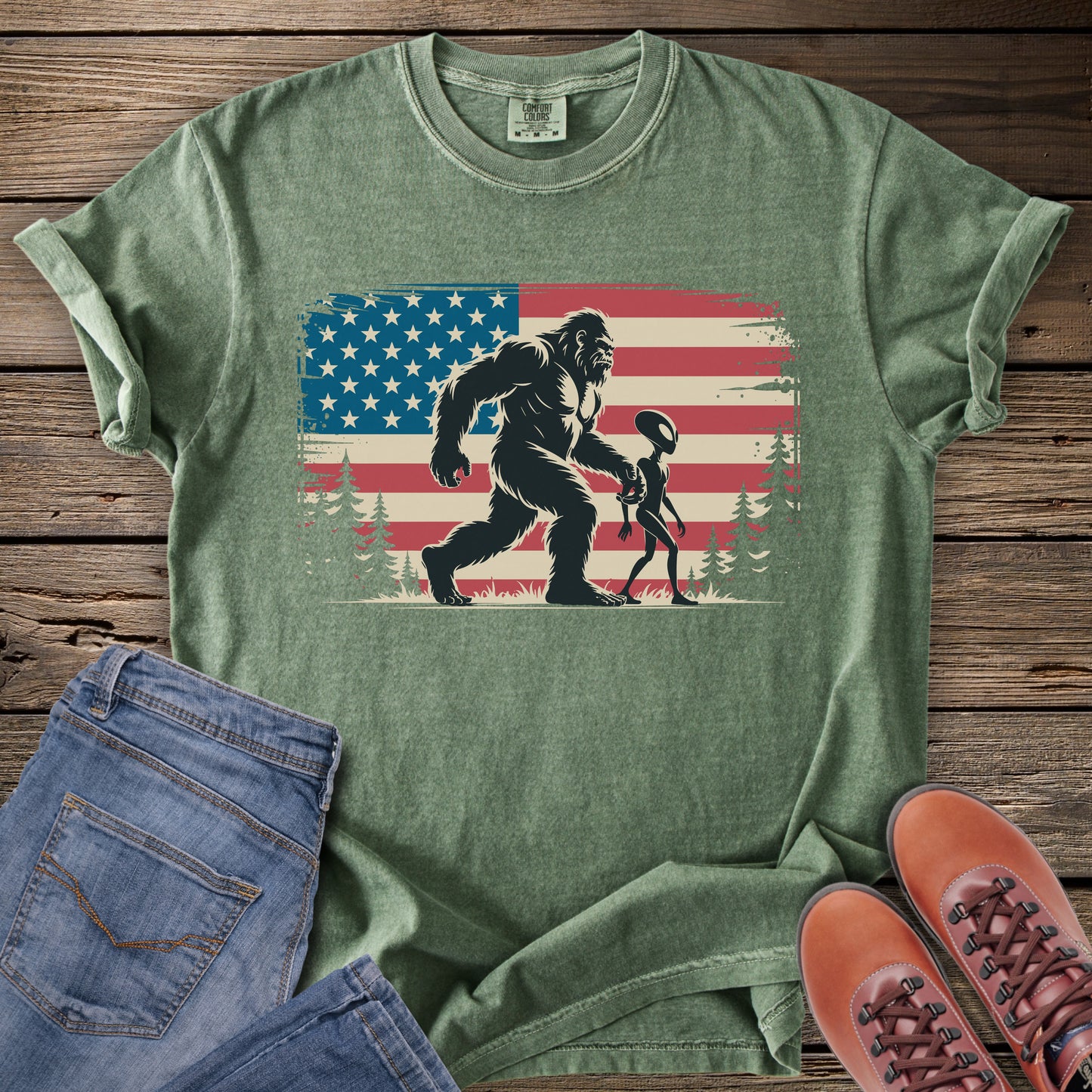 Bigfoot & Alien American Flag T-Shirt