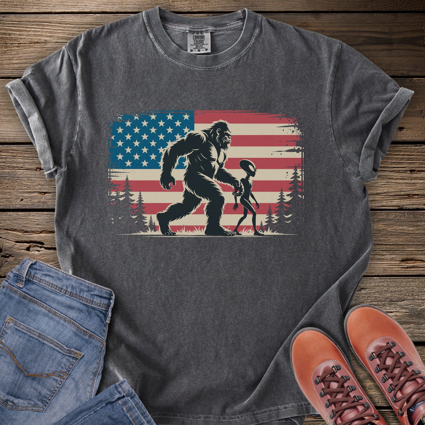 Bigfoot & Alien American Flag T-Shirt