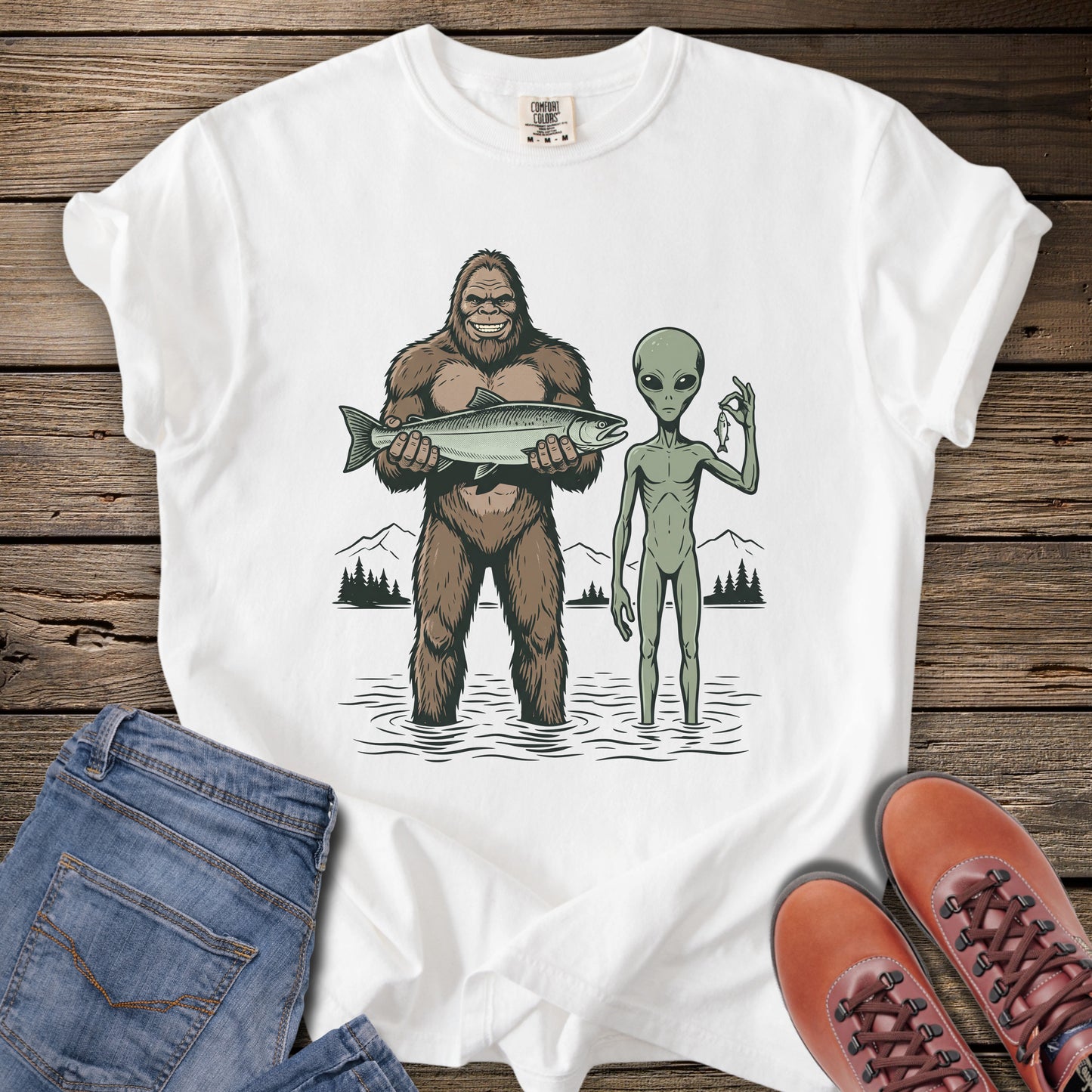 Bigfoot & Alien Fishing T-Shirt