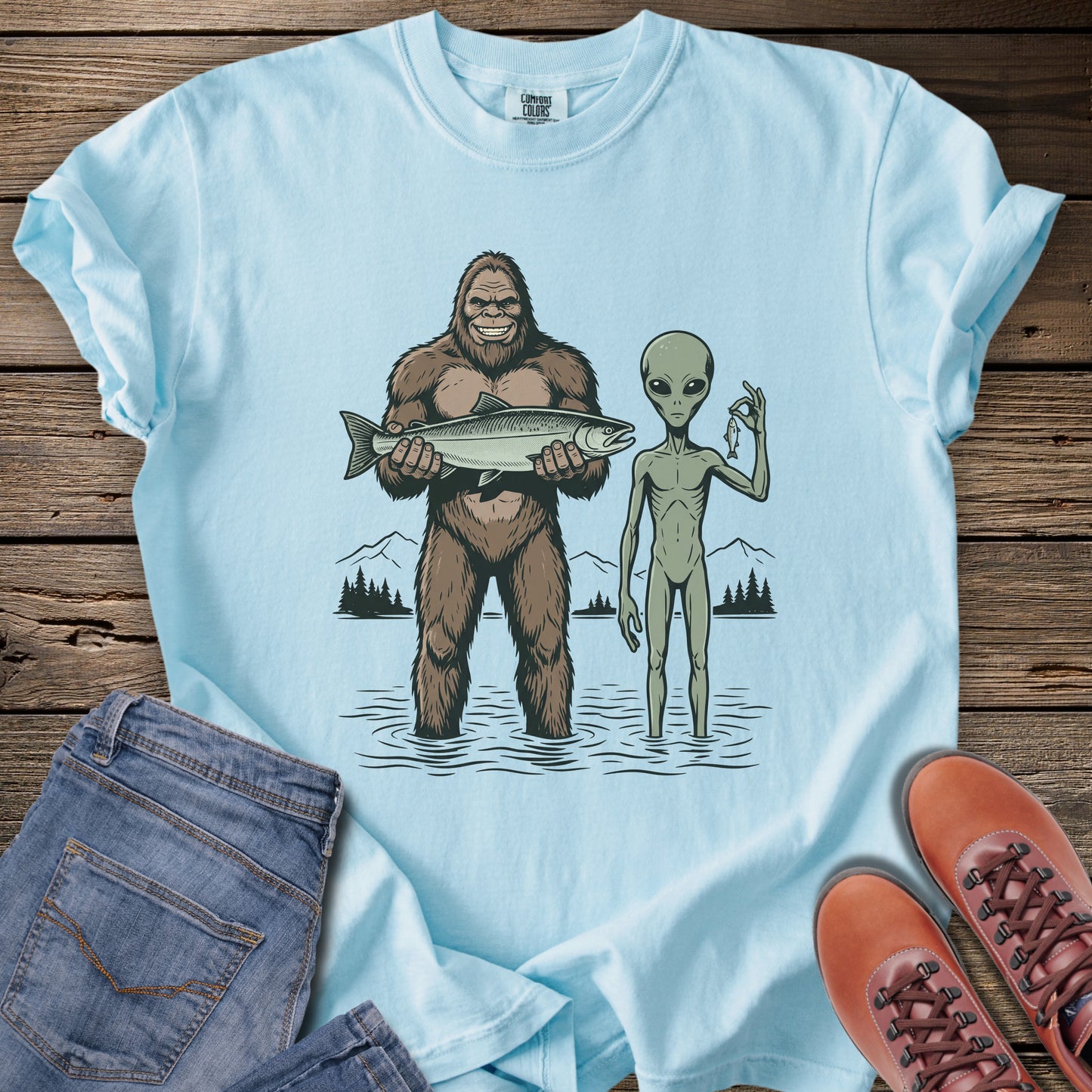 Bigfoot & Alien Fishing T-Shirt