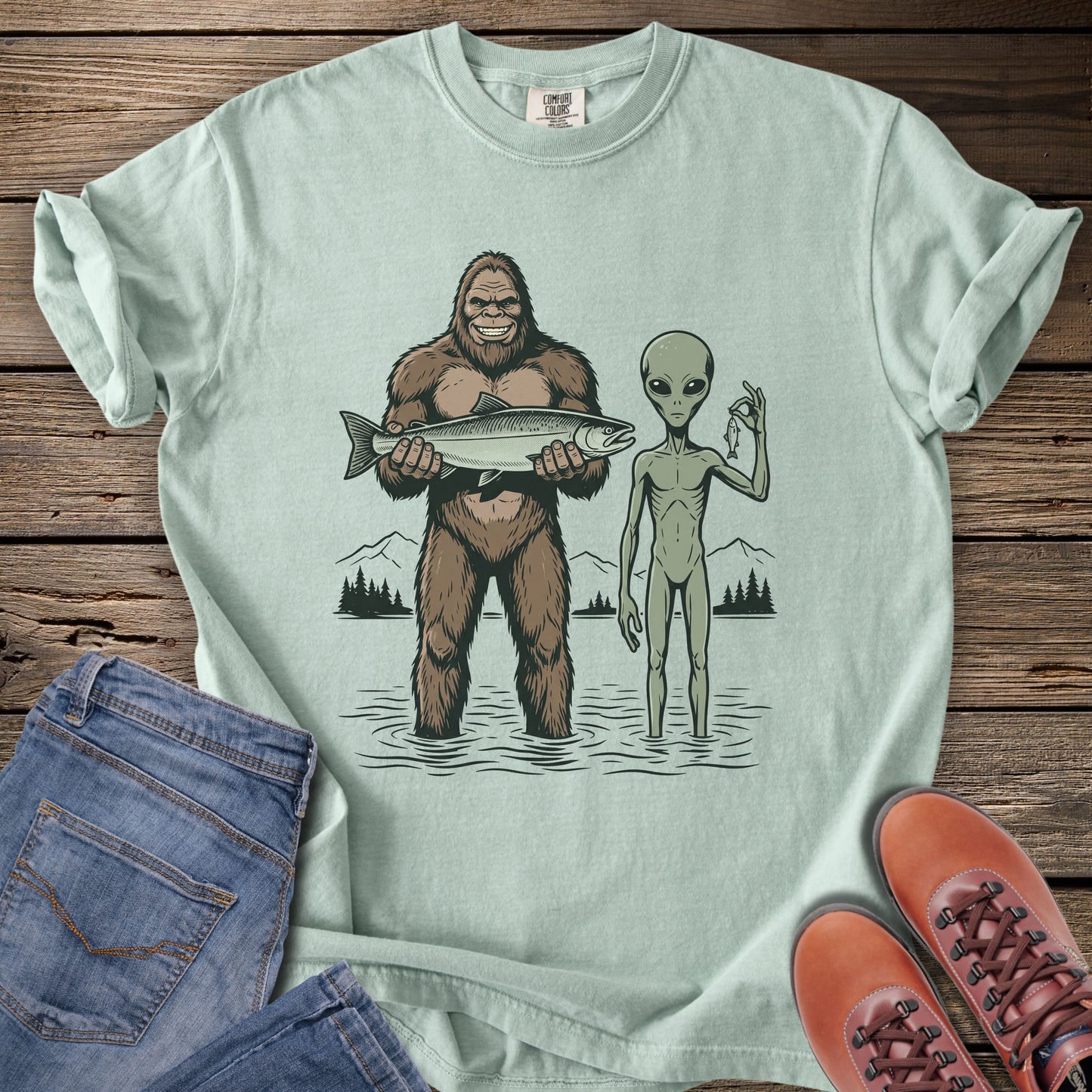 Bigfoot & Alien Fishing T-Shirt
