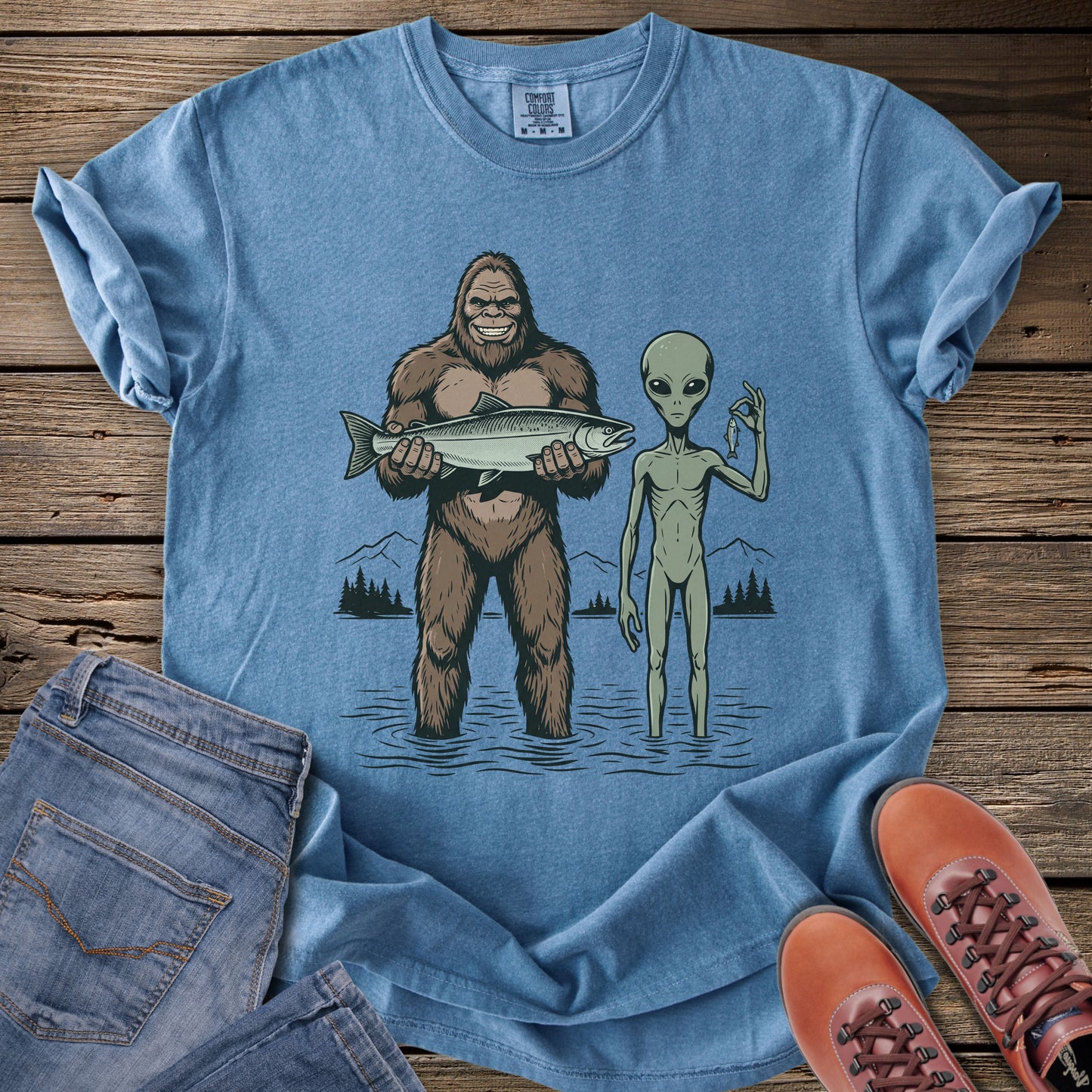 Bigfoot & Alien Fishing T-Shirt